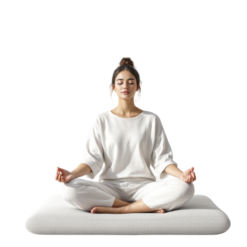A woman is sitting in a lotus position on a white cushion png