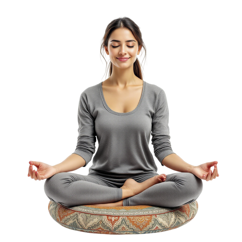 A woman is sitting in a lotus position on a cushion png