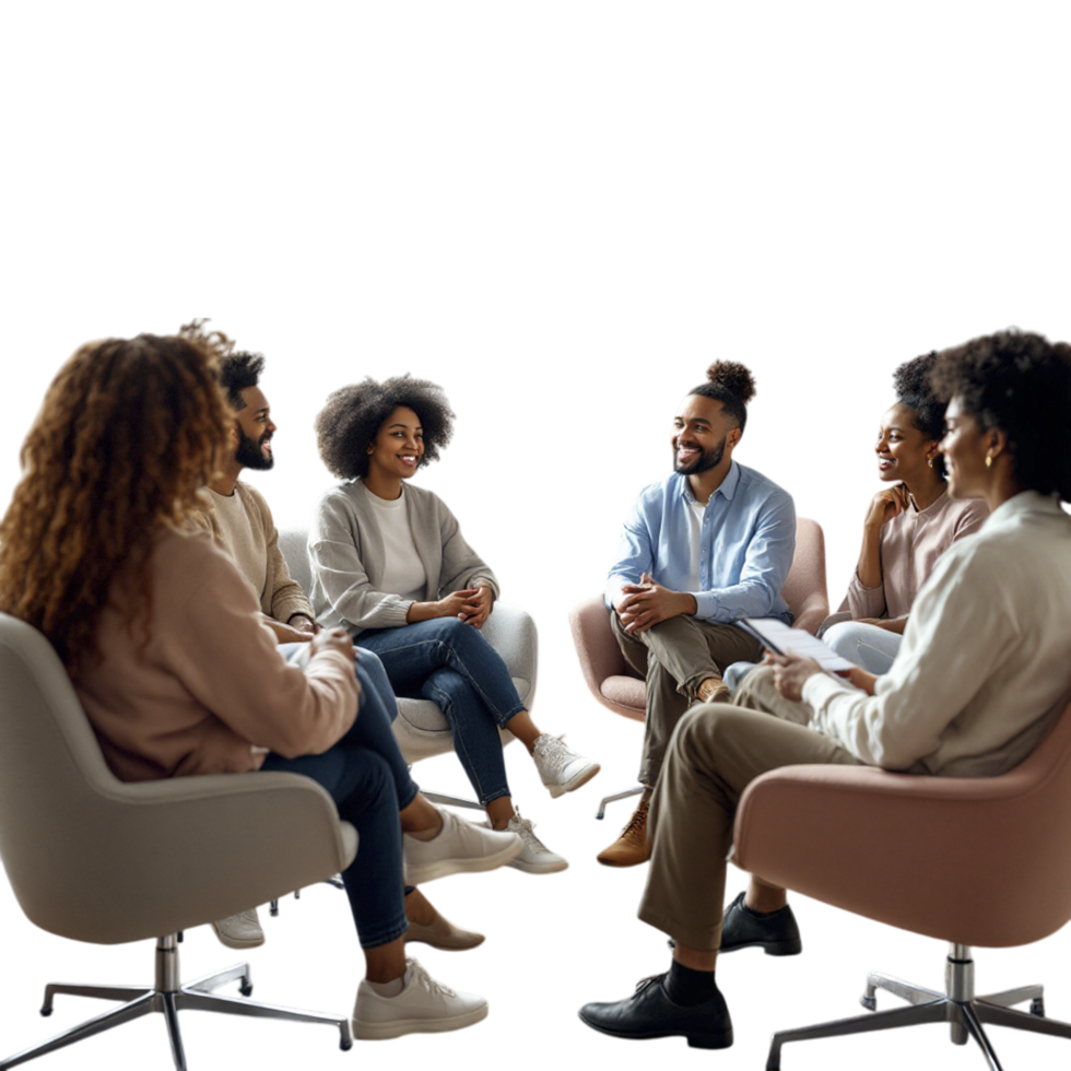 A group of people sitting in chairs talking png