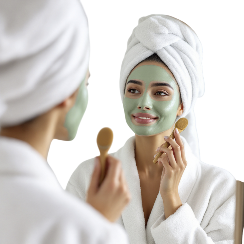 A woman in a bathrobe is looking at her face with a green face mask png