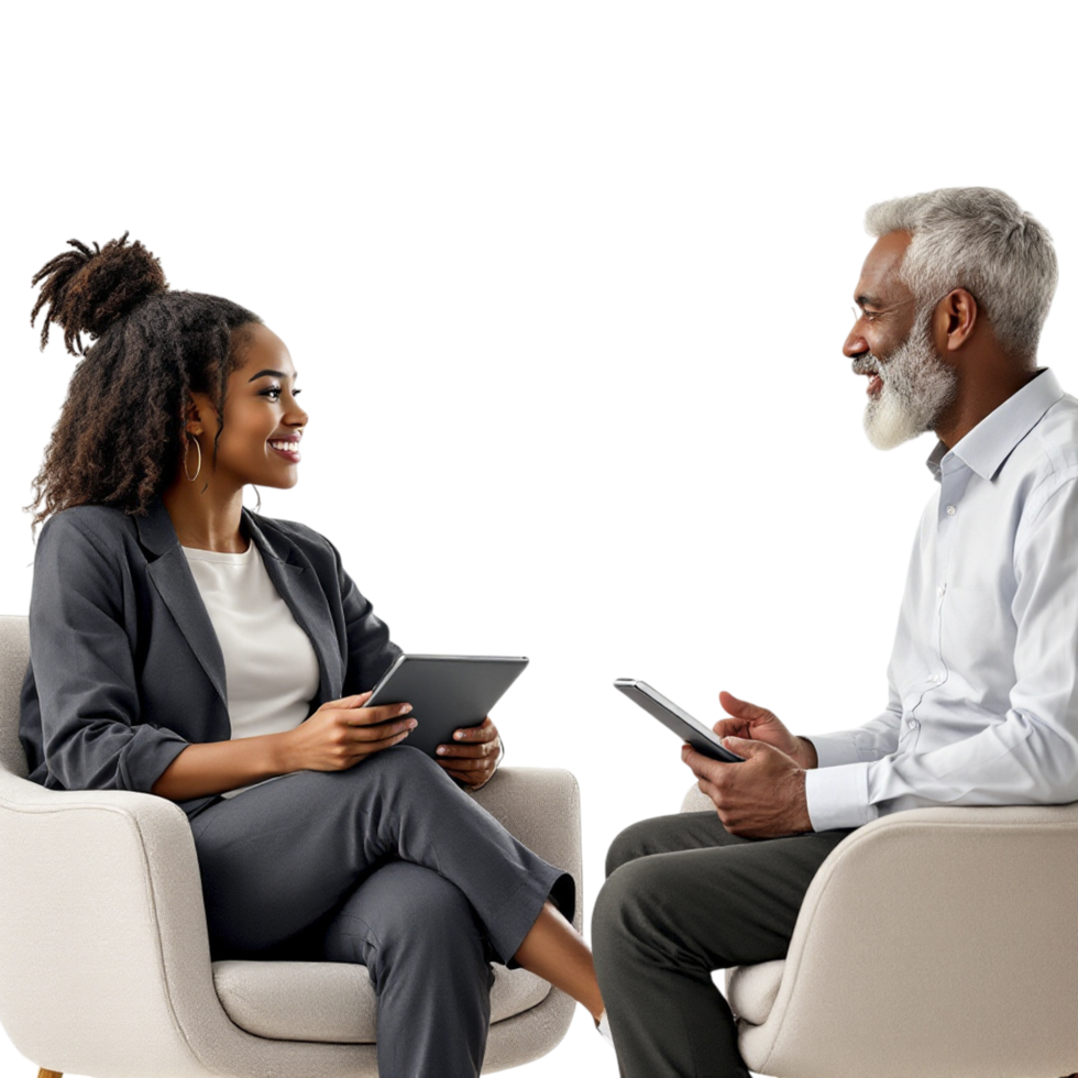 A man and woman sitting in chairs talking png
