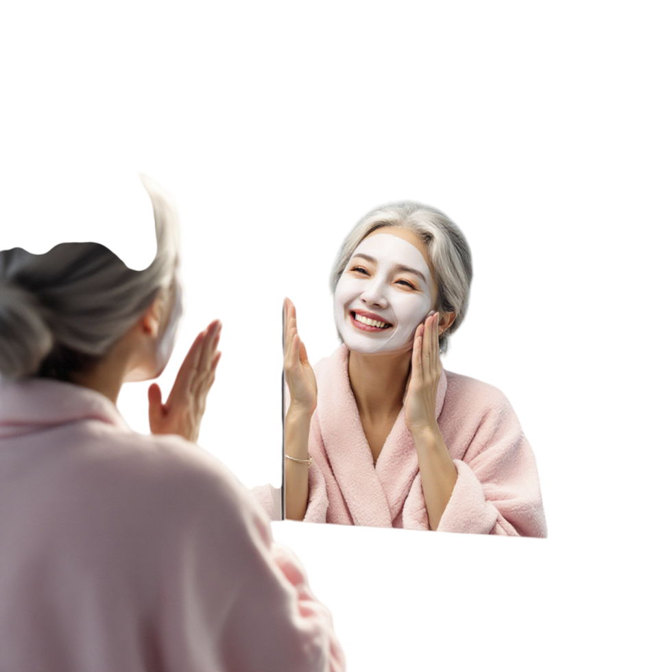 A woman wearing a mask and looking at herself in the mirror png
