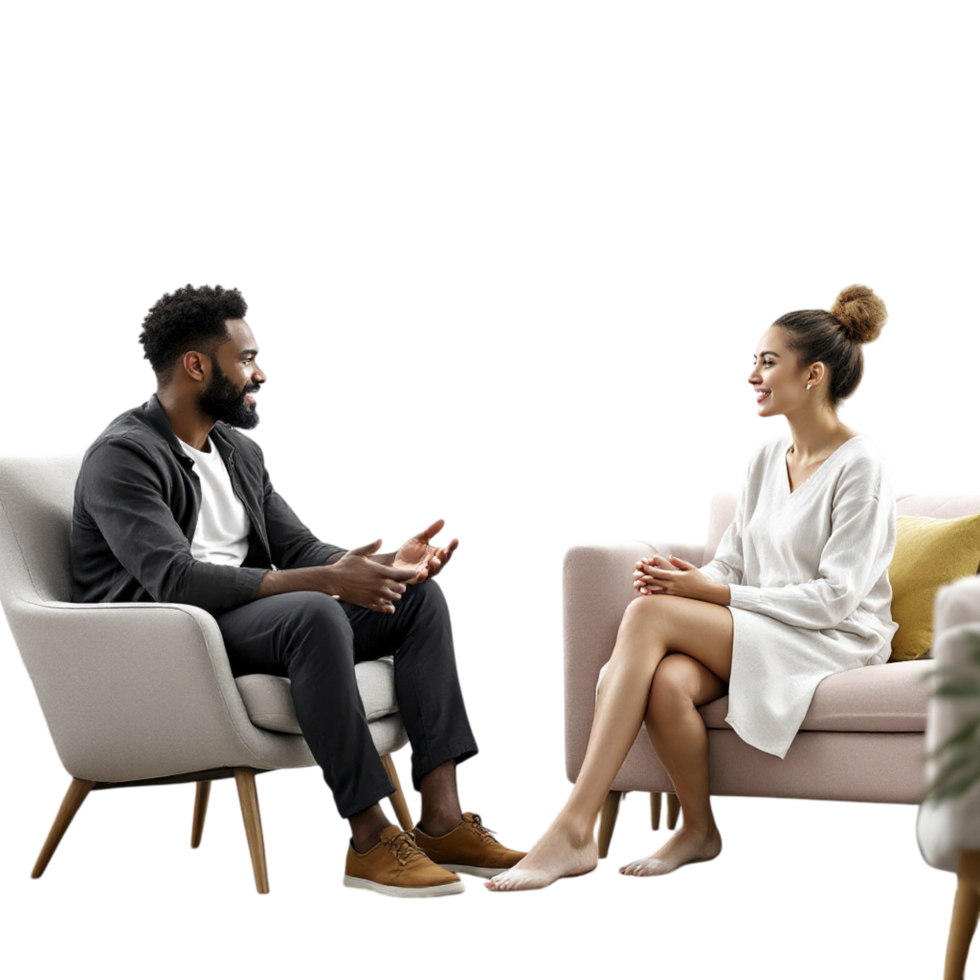 A man and woman sitting on a couch talking png
