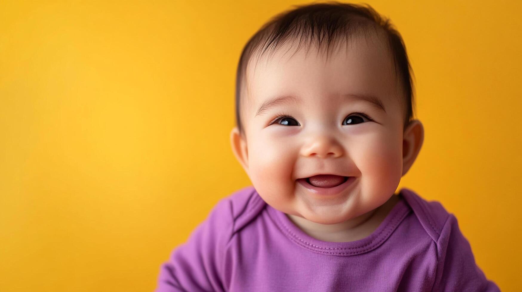 Adorable baby with a bright smile against a solid yellow backdrop. This sweet baby radiates happiness in a simple studio setting. photo