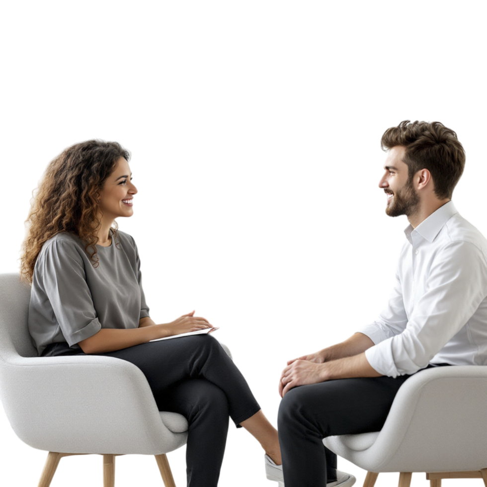 A man and woman sitting in chairs talking png
