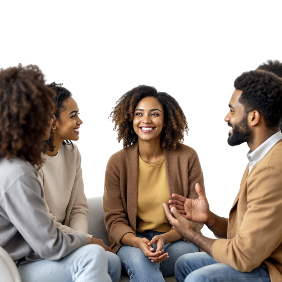 A group of people sitting on a couch talking png