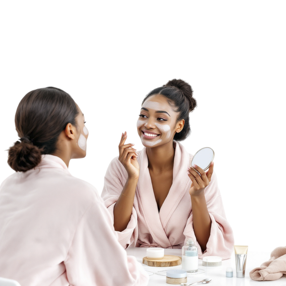 Two women in bath robes sitting at a table with a mirror and a face mask png