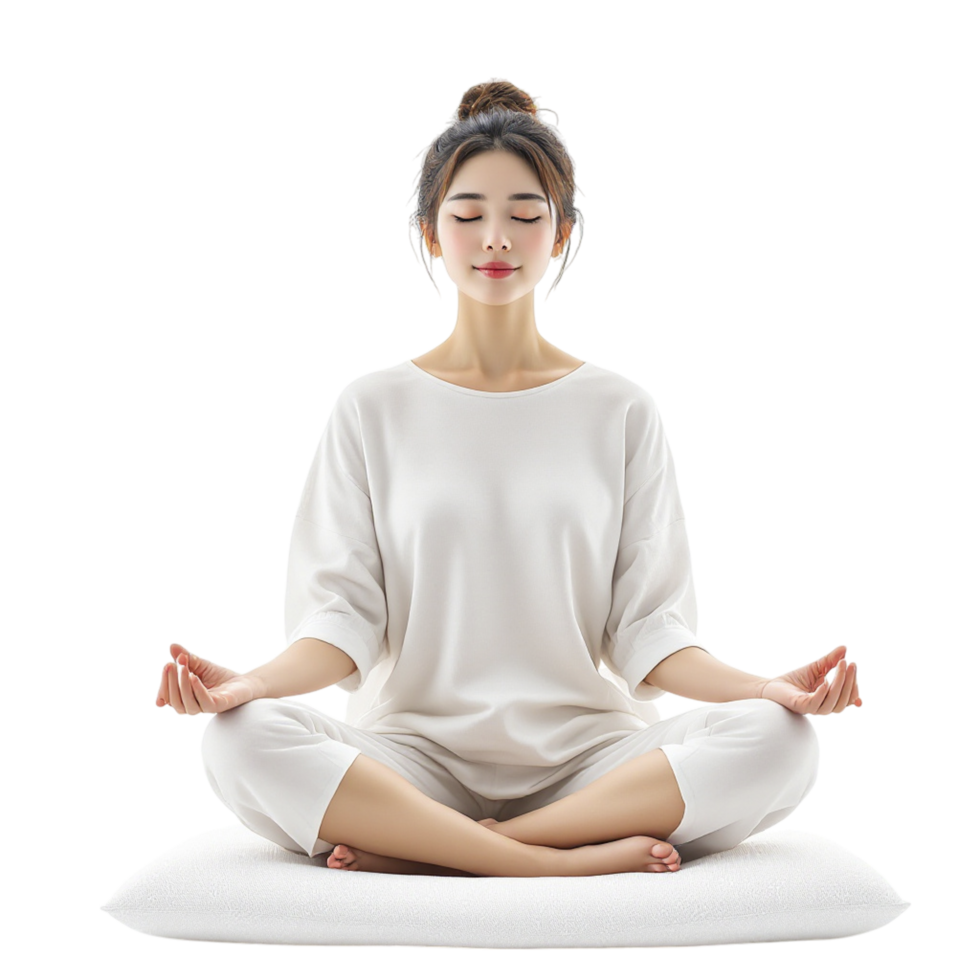 A woman in white sitting in a lotus position png