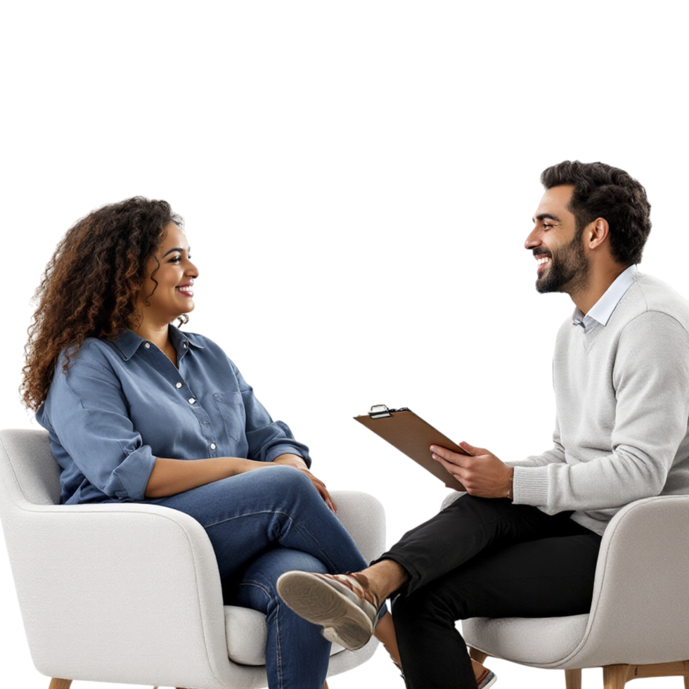A man and woman sitting in chairs talking png