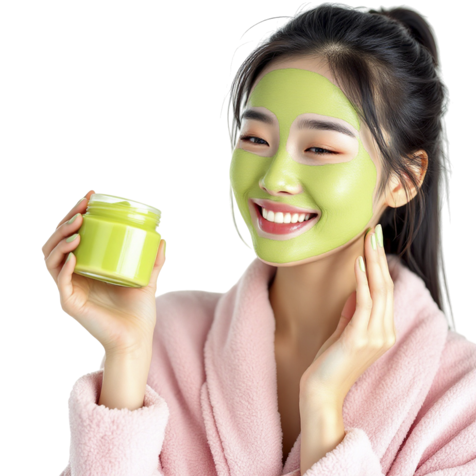 A woman in a bathrobe holding a jar of green tea png