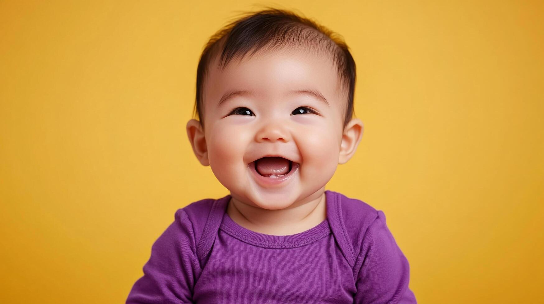 A baby in a purple shirt smiles joyfully, showcasing their pearly whites against a solid yellow background. Pure happiness is shown. photo