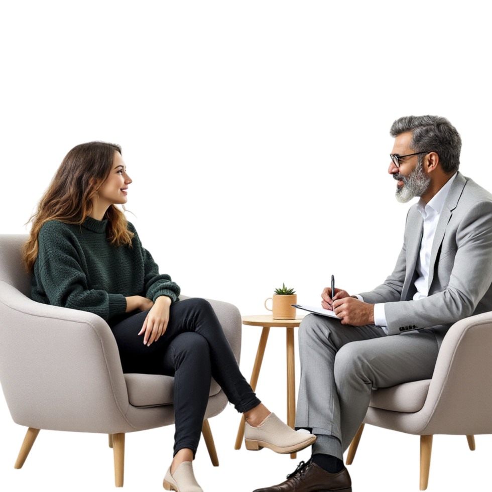 A man and woman sitting in chairs talking png