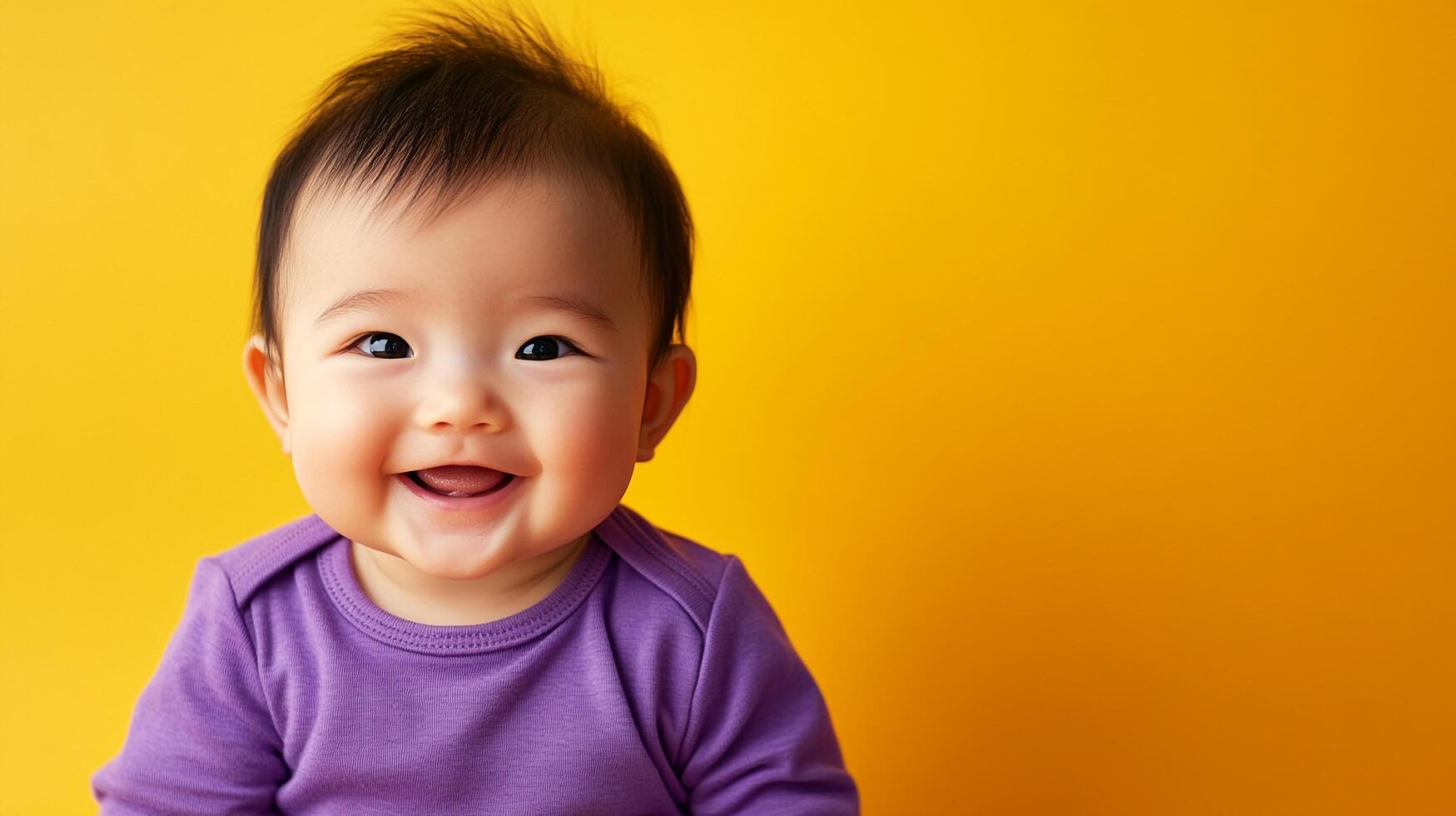 A captivating close-up of a baby's cheerful smile, filled with innocent joy and warmth, set against a vibrant yellow background. photo