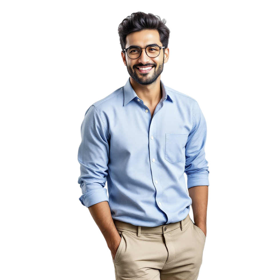 A man in a blue shirt and glasses standing png