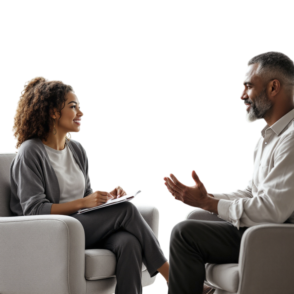 A man and woman sitting in chairs talking png