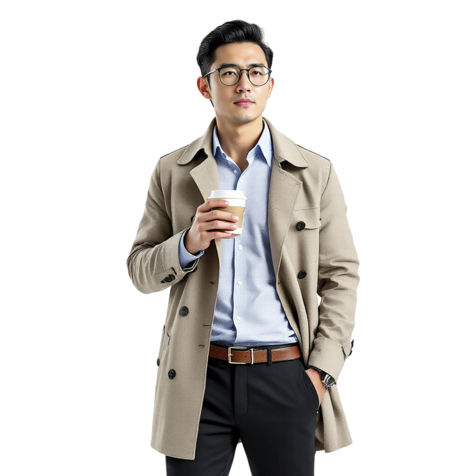 A man in a trench coat holding a coffee cup png