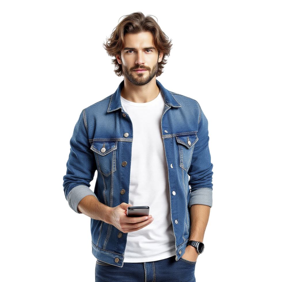 Man in denim jacket holding cell phone png