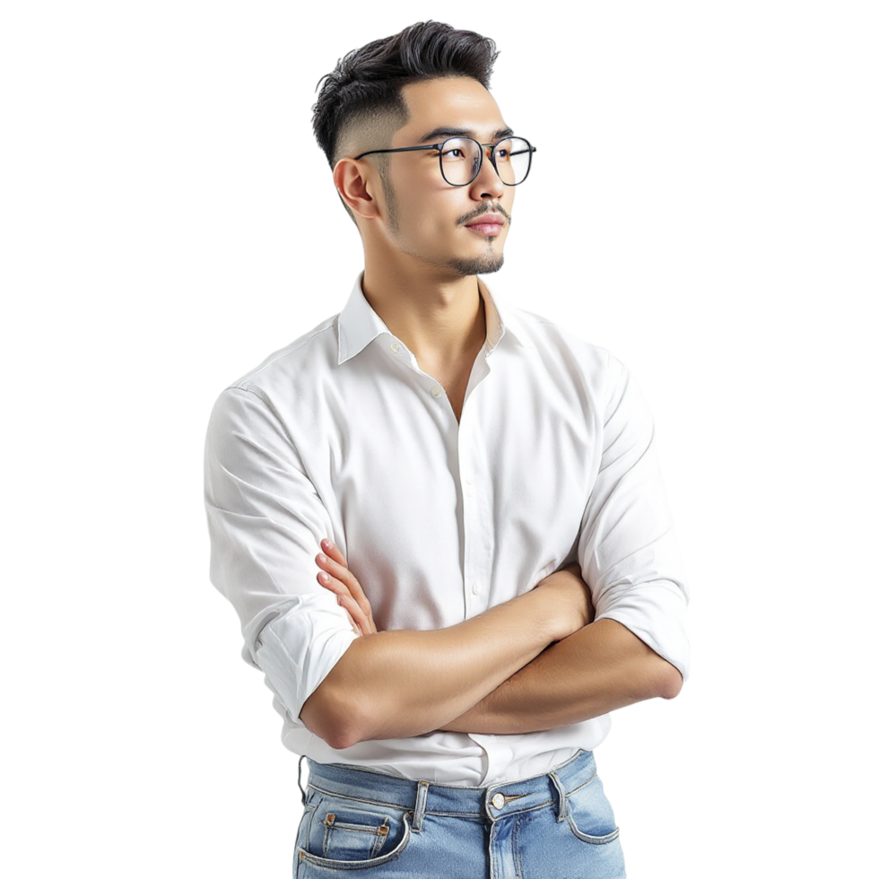 Young man in white shirt and jeans standing with arms crossed png