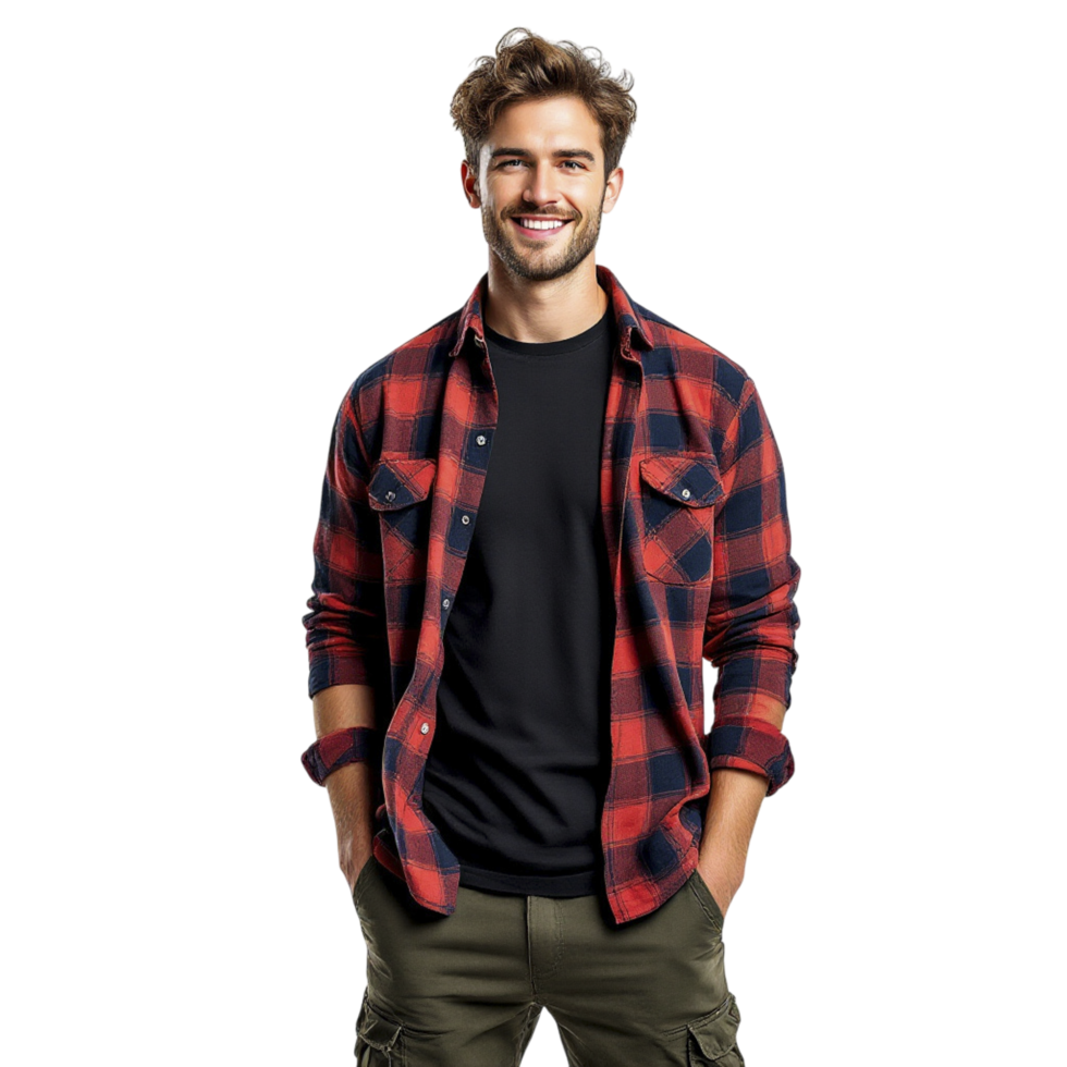 A man in a red and black plaid shirt png