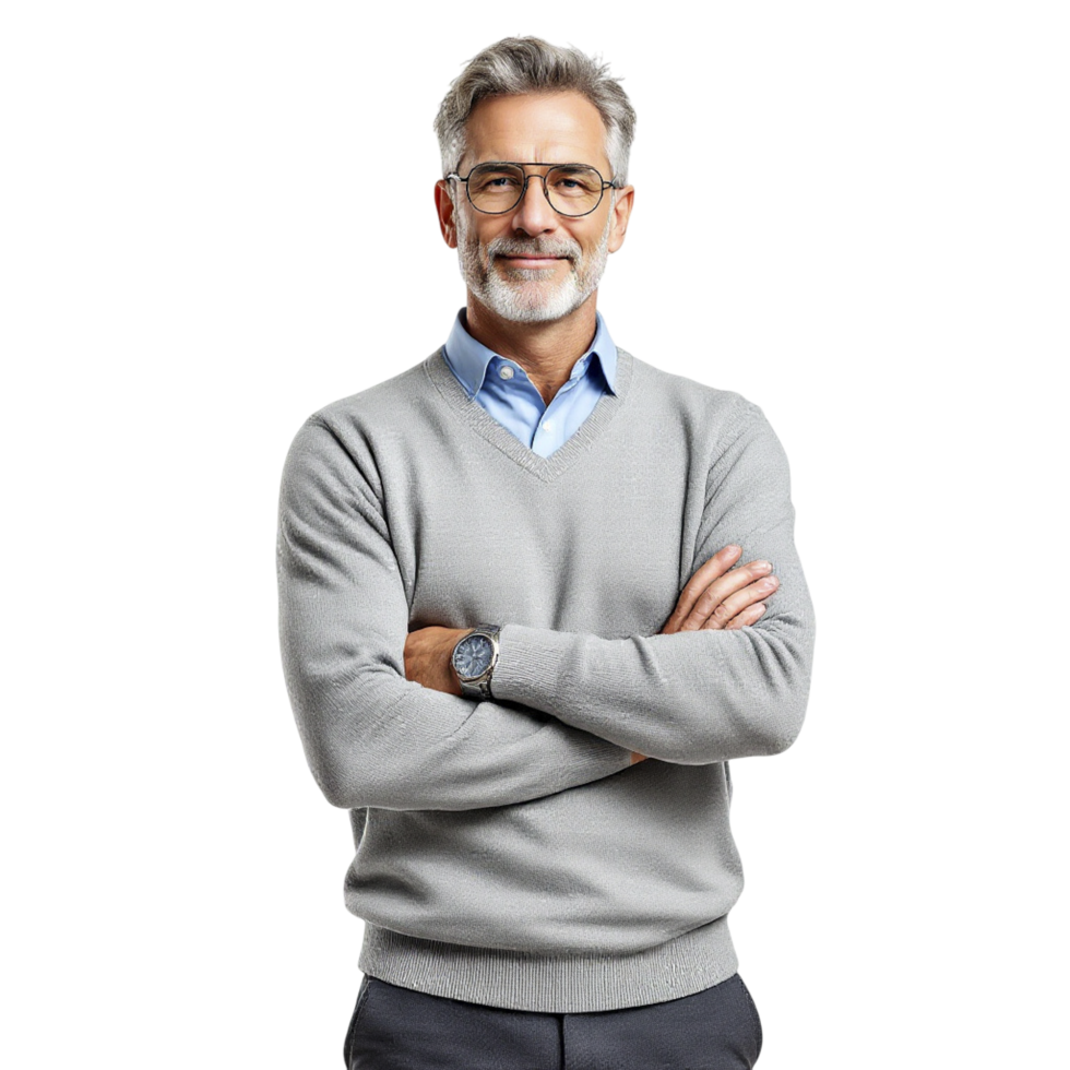 A man with glasses and a gray sweater standing with his arms crossed png