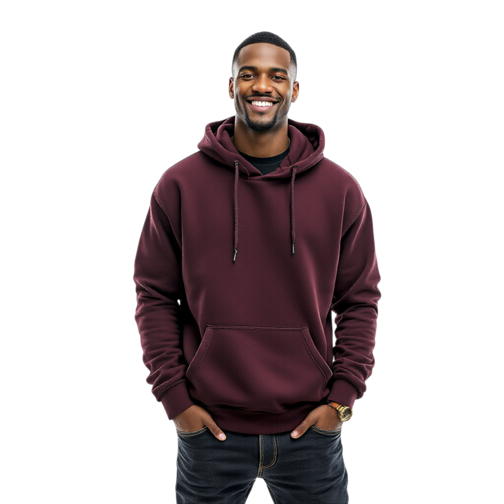 A man in a burgundy hoodie smiling png