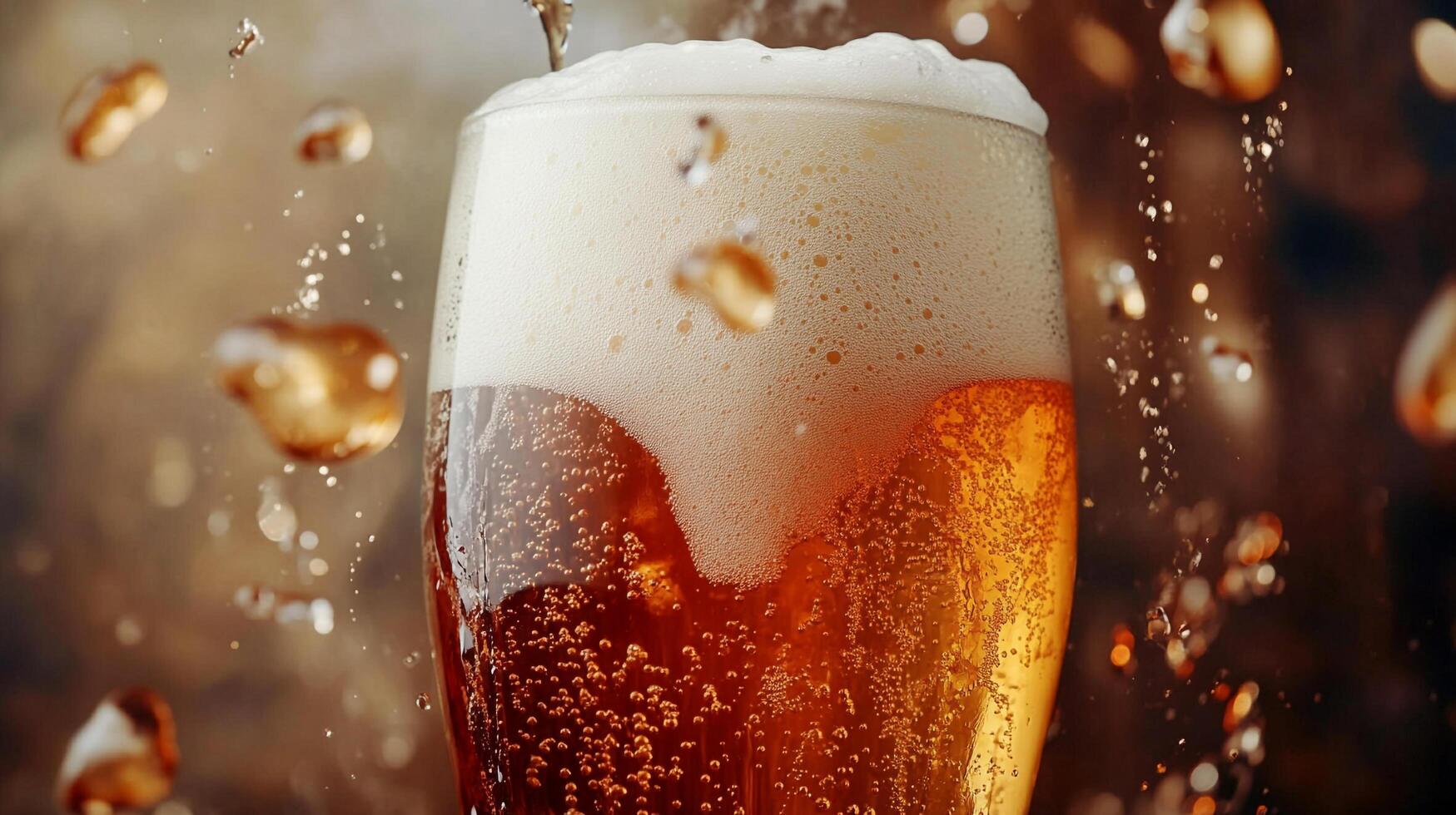 Golden beverage fills glass, creating bubbles and foam with splash. Refreshing and fizzy drink. photo