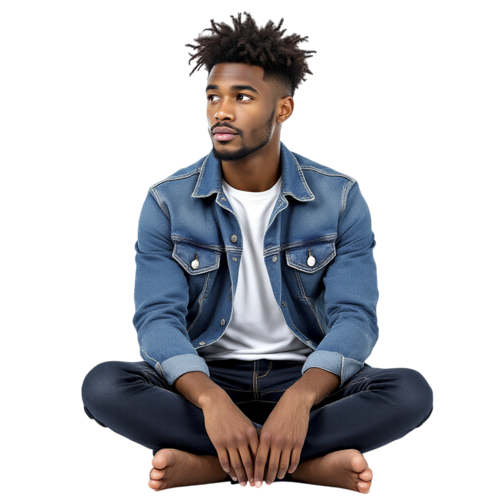 A young man in a denim jacket sitting on the floor png