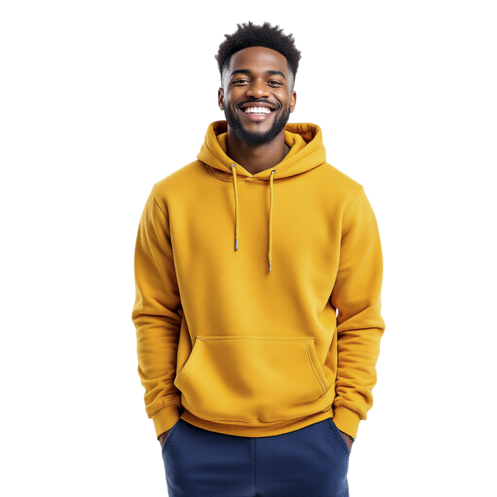 A man in a yellow hoodie smiling png