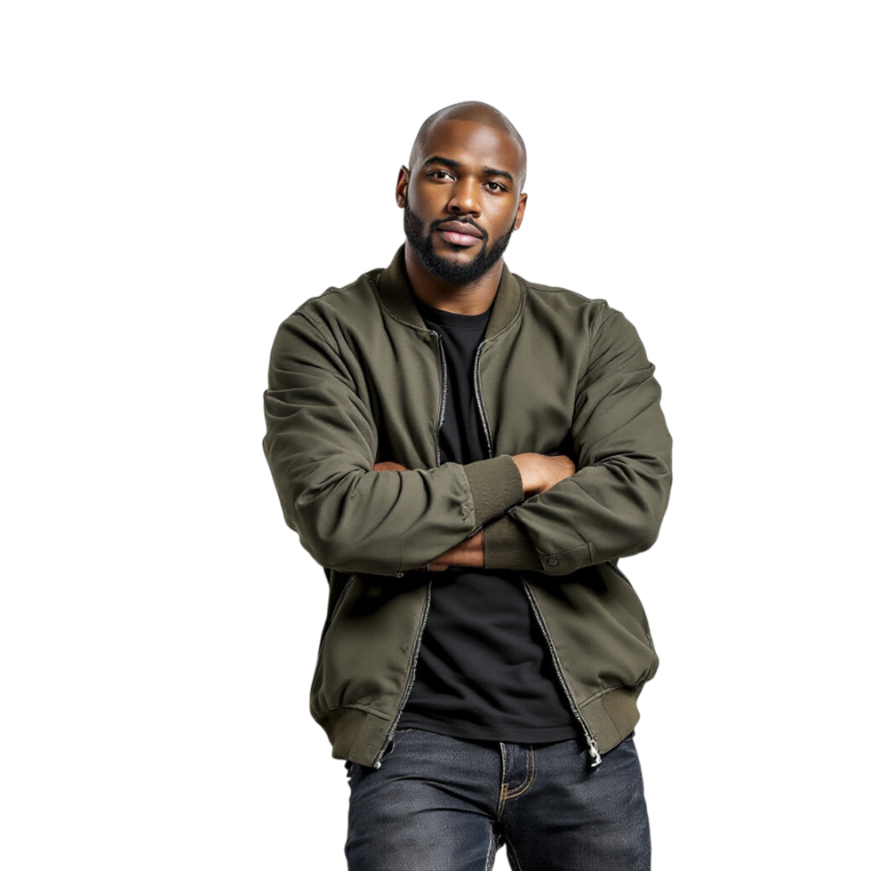 A man in a green jacket and jeans standing with his arms crossed png