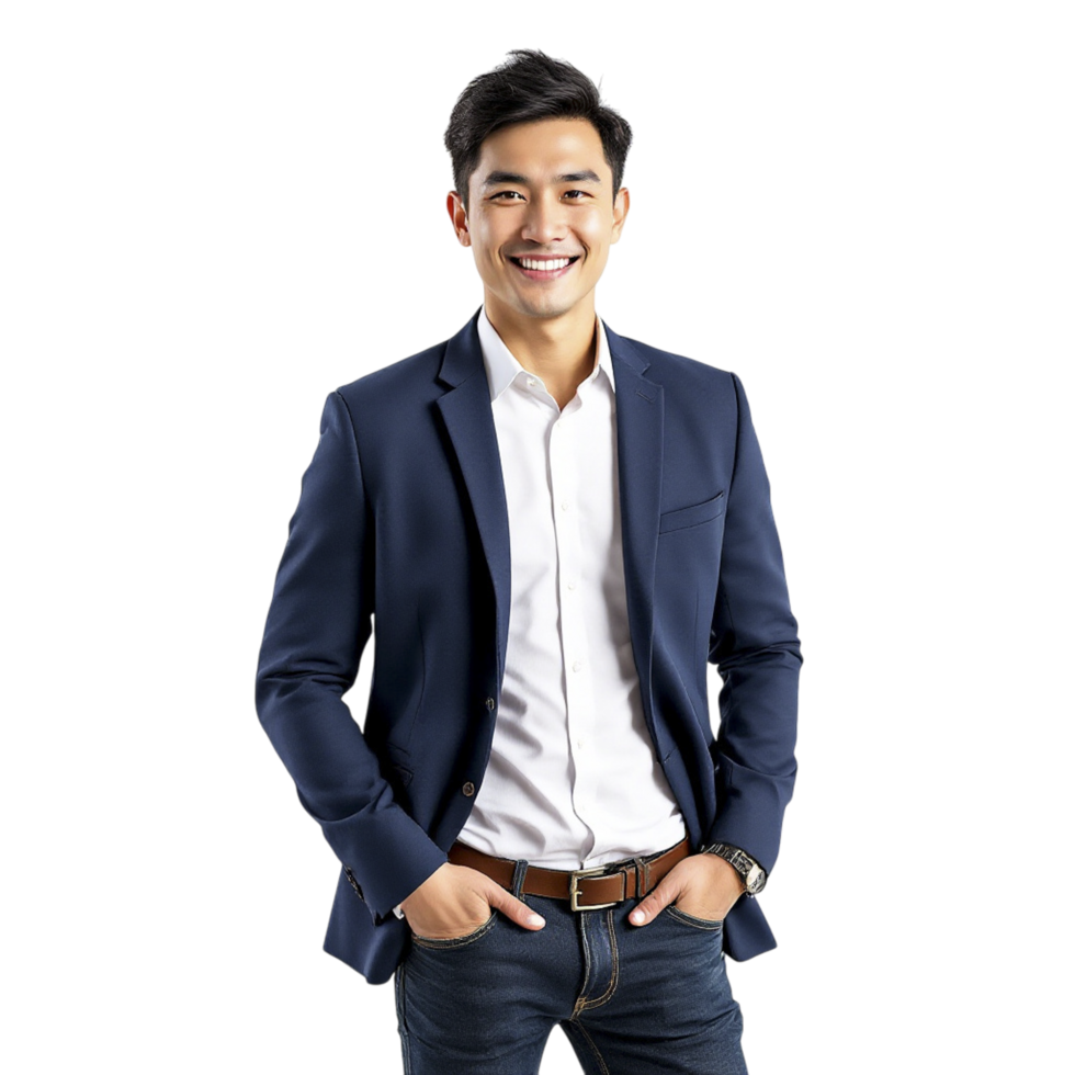 A young man in a blue suit and white shirt png
