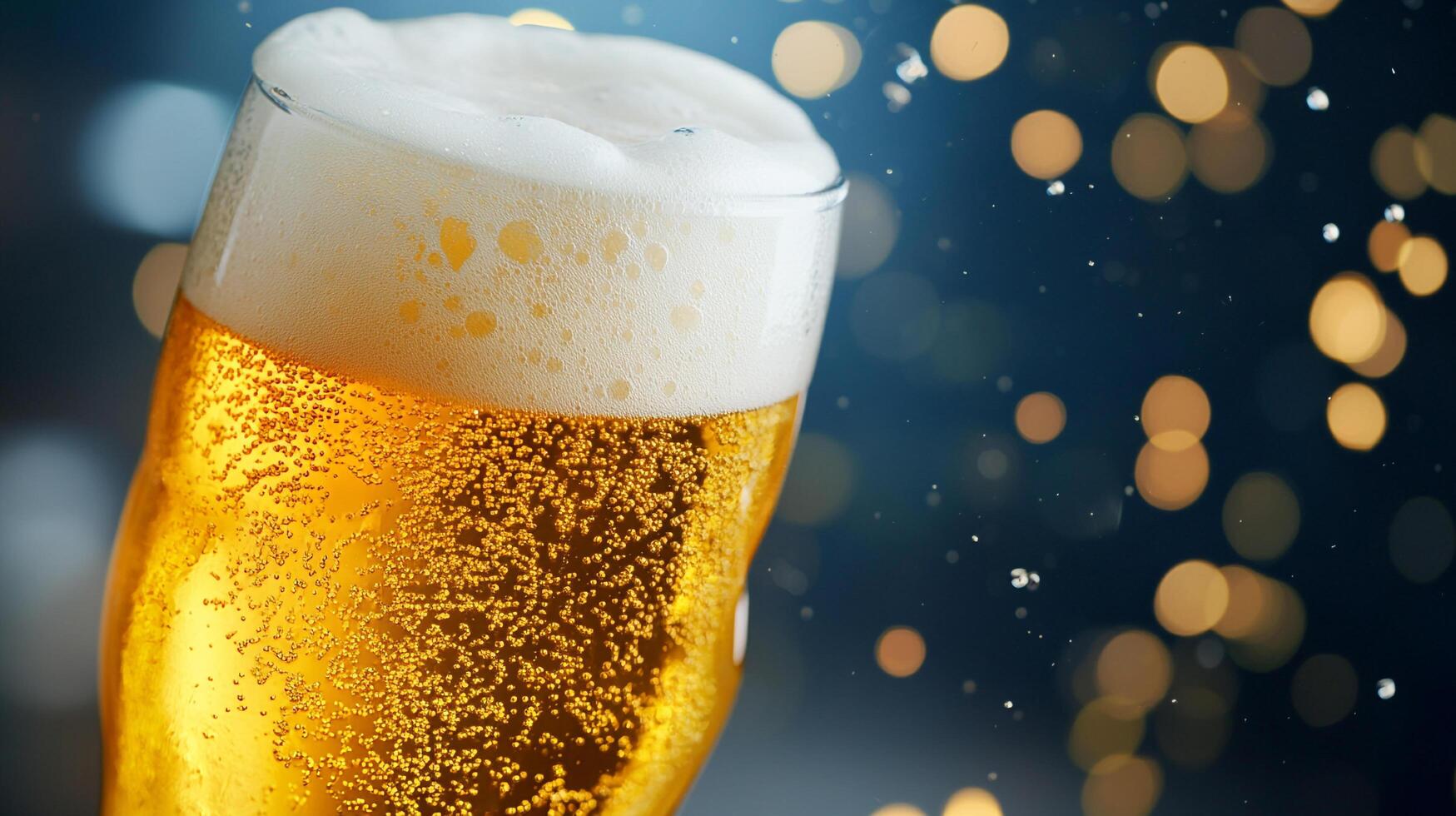 Golden beer with foamy head on dark background, fizzy bubbles floating up. Refreshing and celebratory drink. Time to celebrate. photo