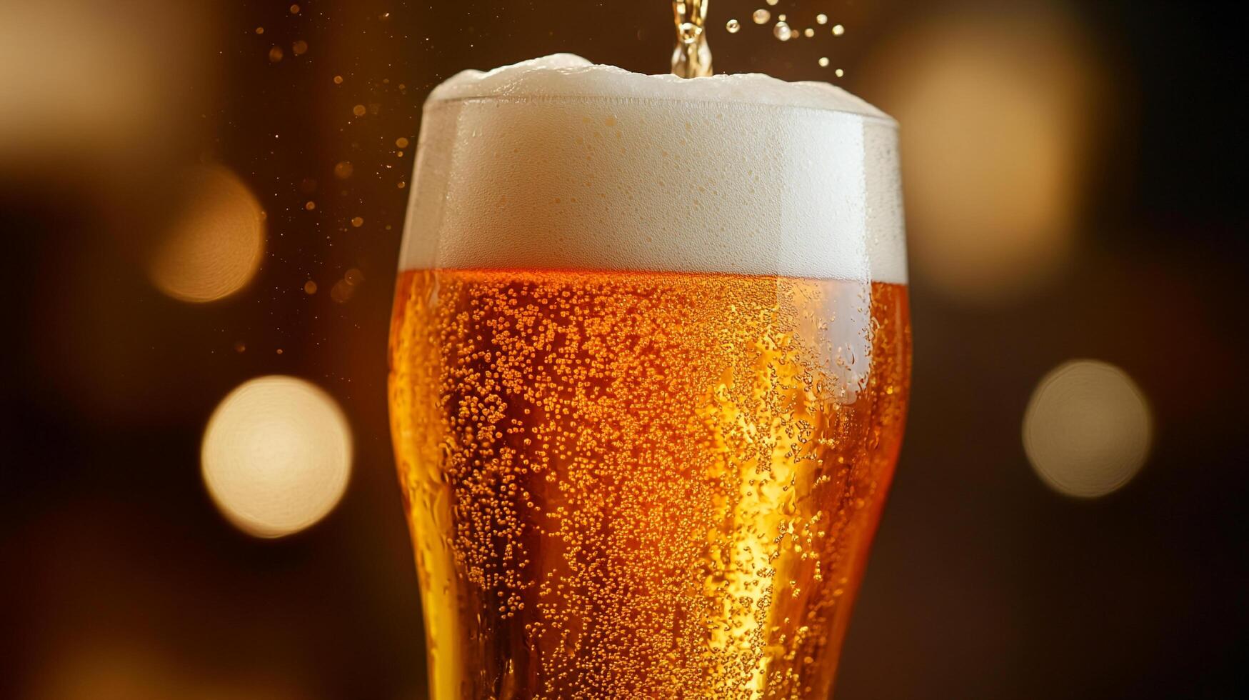 Golden beer with frothy head, bubbles rising in a glass. The perfect pour and refreshing drink to enjoy with friends or alone to relax. photo
