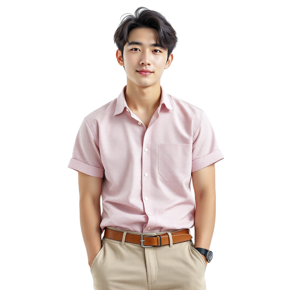 Young man in pink shirt posing for photo png