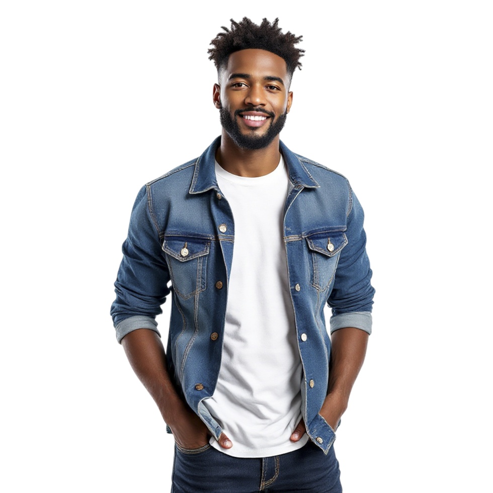 A young man in a denim jacket posing for the camera png