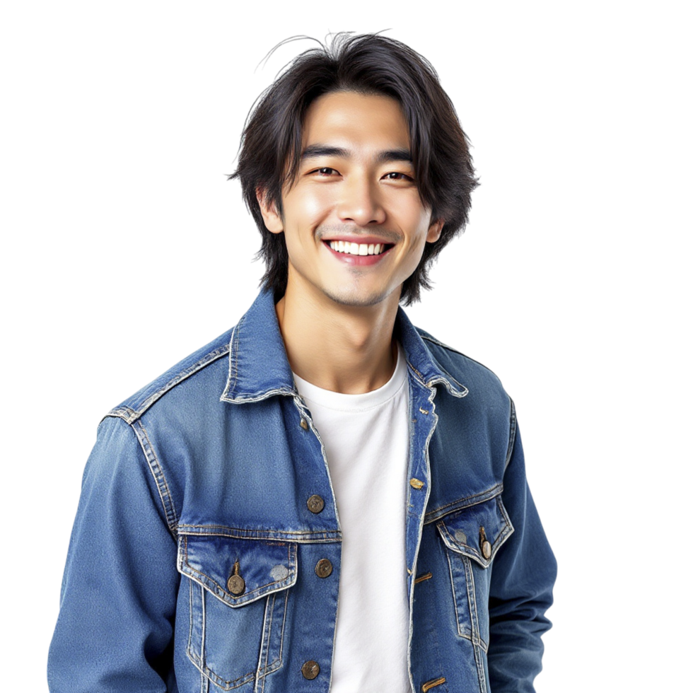 A young man in a denim jacket smiling png