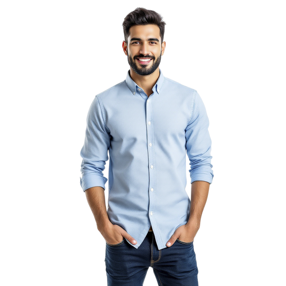 A man in a blue shirt is smiling png