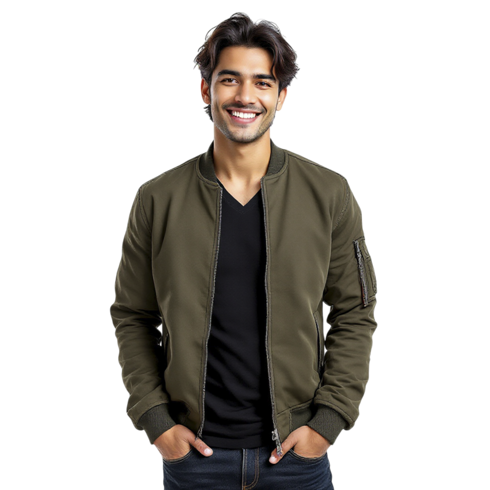 A man in a green bomber jacket png
