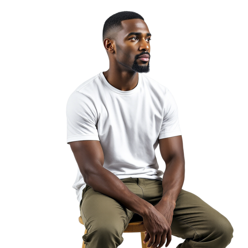 A man sitting on a stool wearing a white t - shirt and khaki pants png