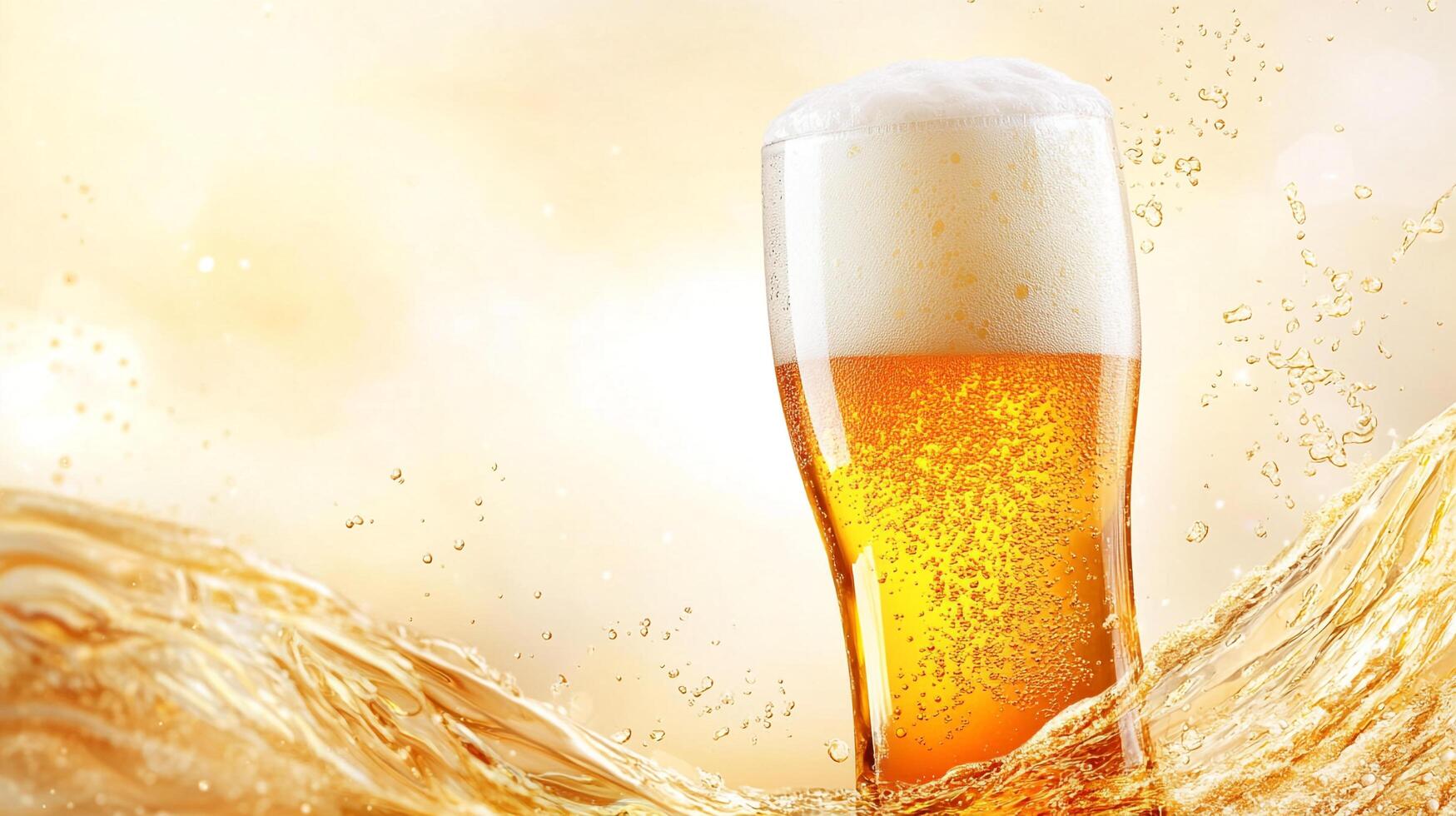 Refreshing pilsner on a summer day. Golden liquid with bubbly foam and splashing motion. Perfect for a refreshing summer treat. photo