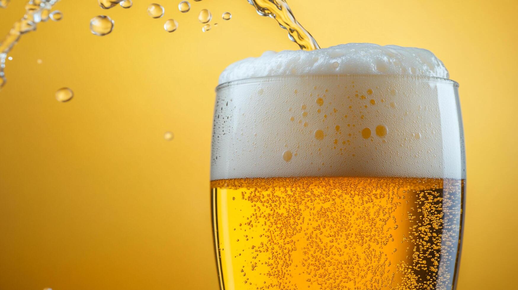 A close-up shows a glass being filled with golden liquid. Bubbles rise, topped with foamy head against a golden yellow background. photo