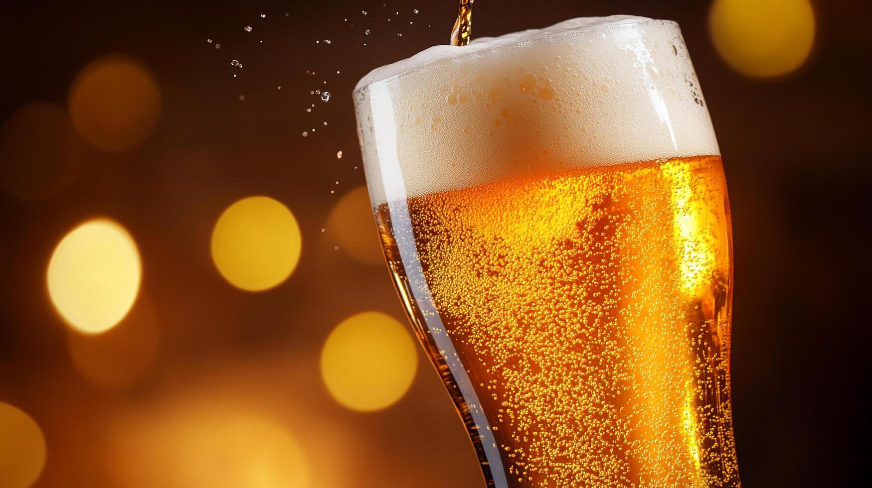Golden beer being poured into a glass. The drink is bubbly, foaming, and refreshing, perfect for a night out or relaxing at home. photo