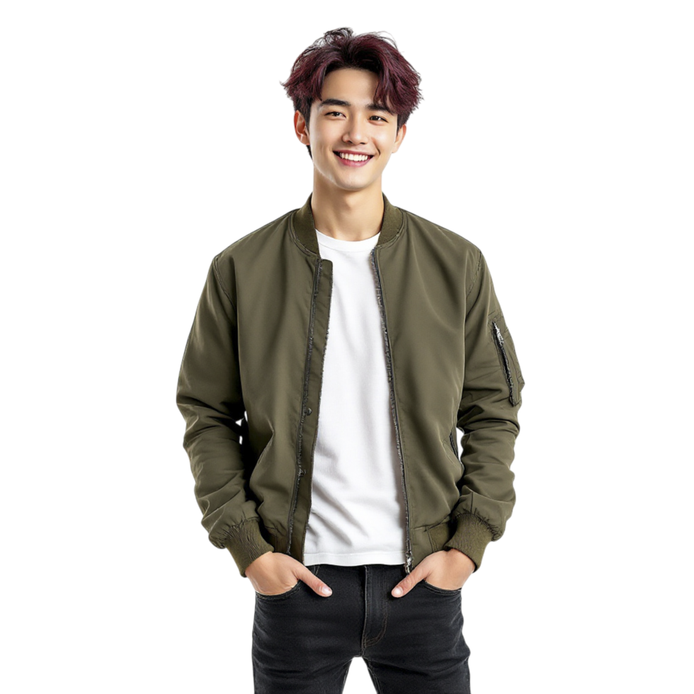 Young man in olive bomber jacket png