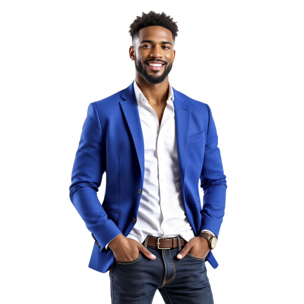A man in a blue suit and white shirt png