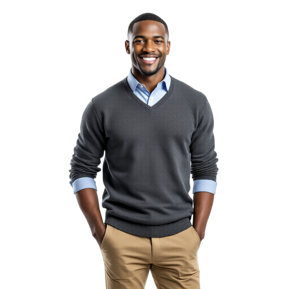 A man in a sweater and khaki pants png