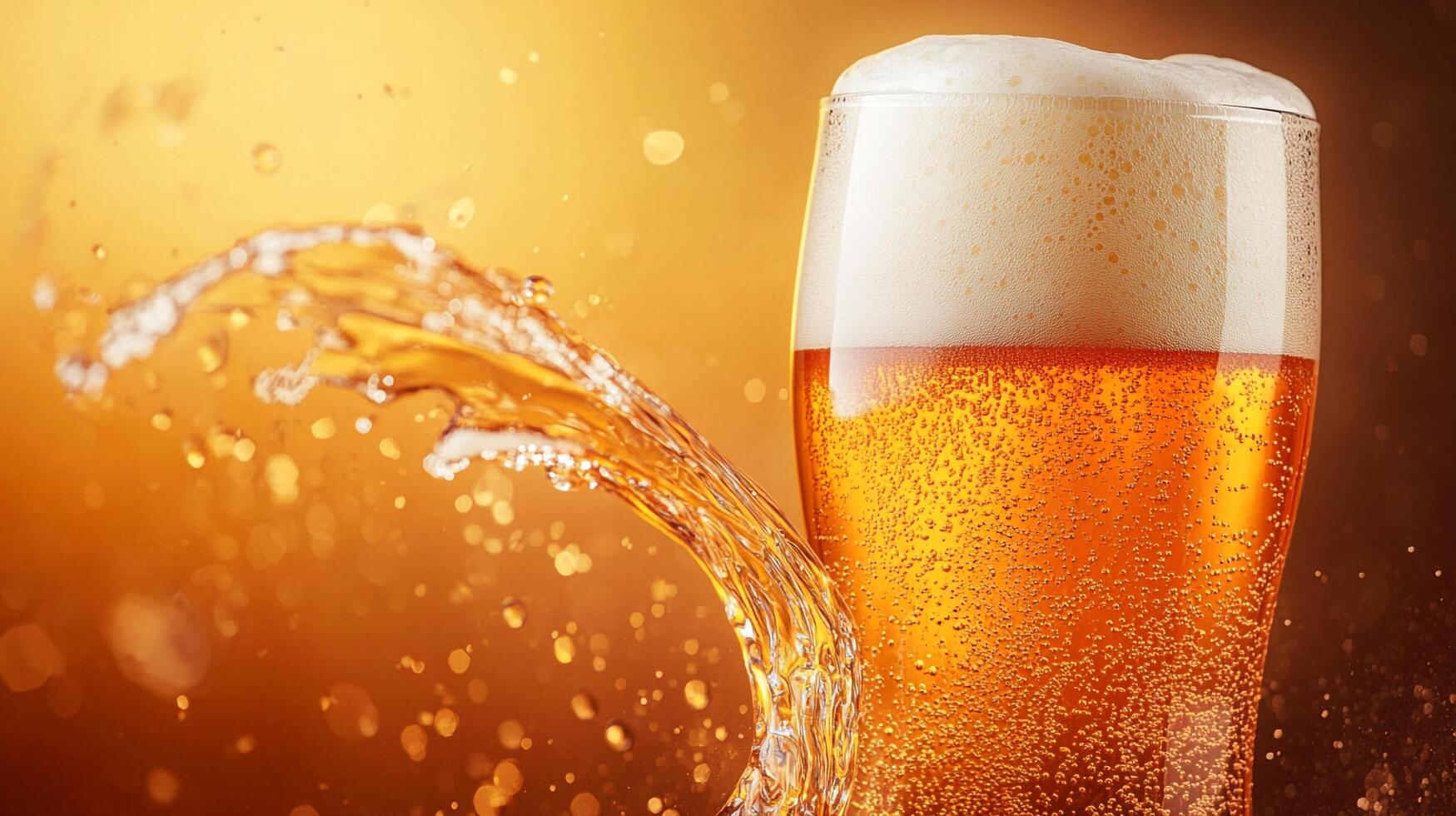 A refreshing pint of golden beverage with a frothy head is captured mid-splash, conveying a sense of refreshment and enjoyment. photo