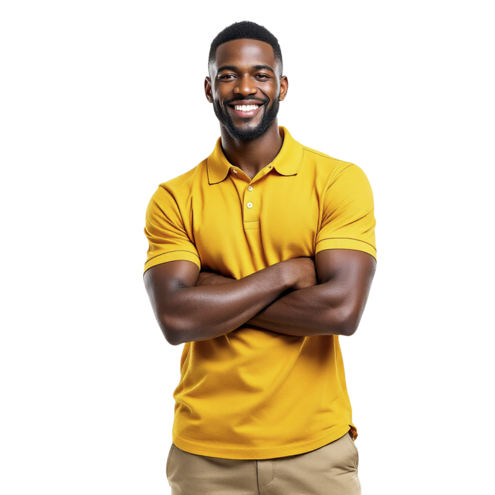 A smiling black man in a yellow polo shirt png