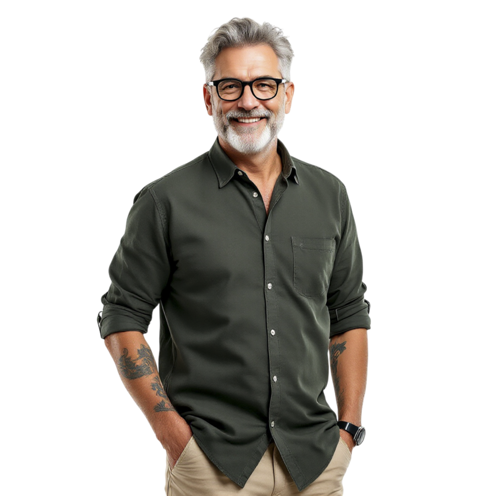 A man with glasses and a beard standing in front of a black background png