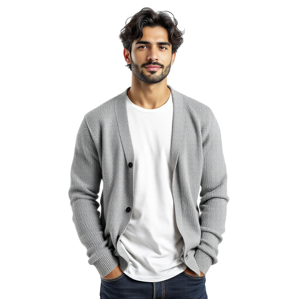 Man in a grey cardigan and jeans png