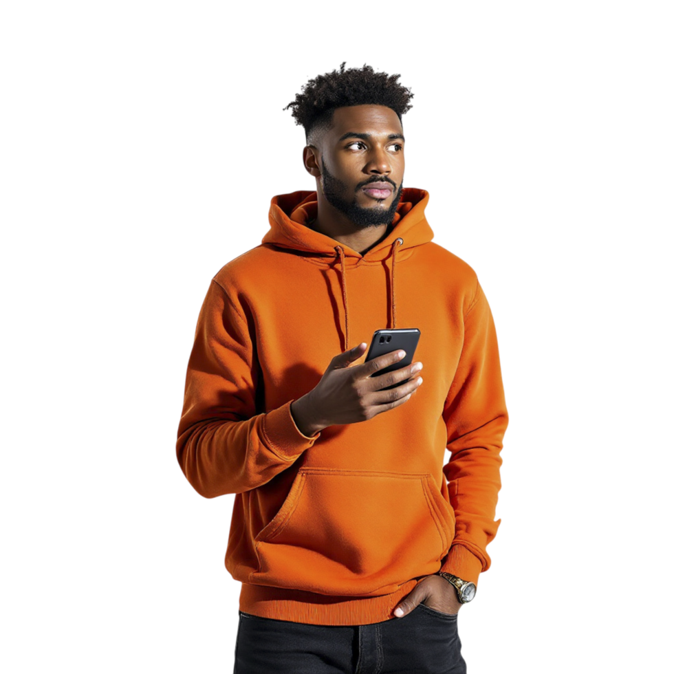 An orange hoodie with a man holding a cell phone png