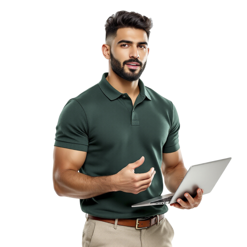 A man in a green polo shirt holding a laptop png
